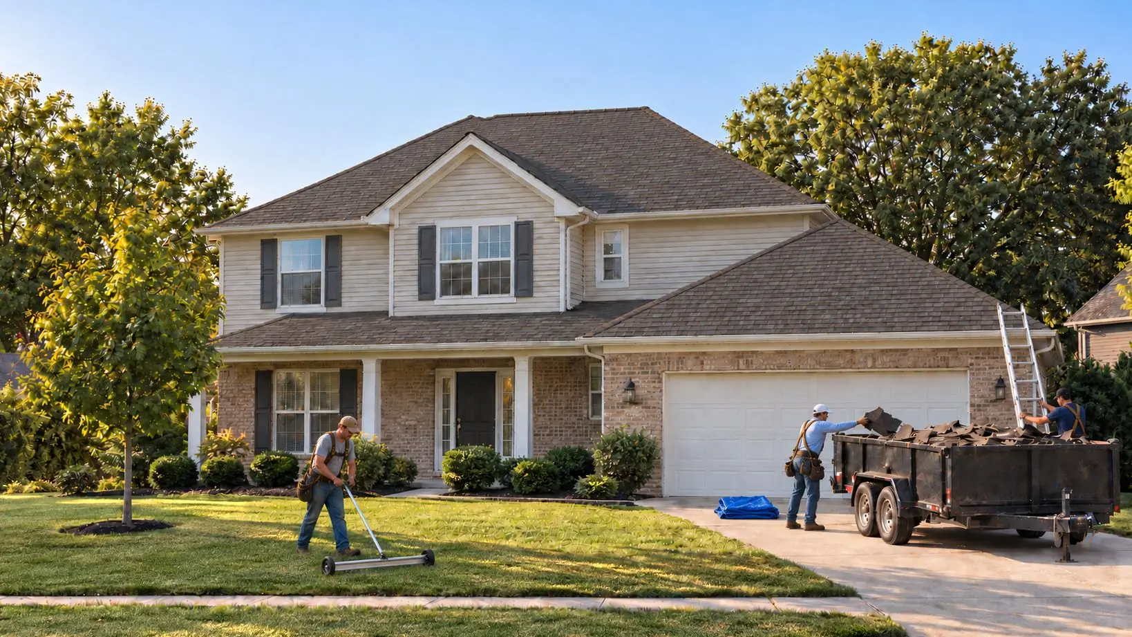 Finished roof, the crew sweeping the lawn with a magnet