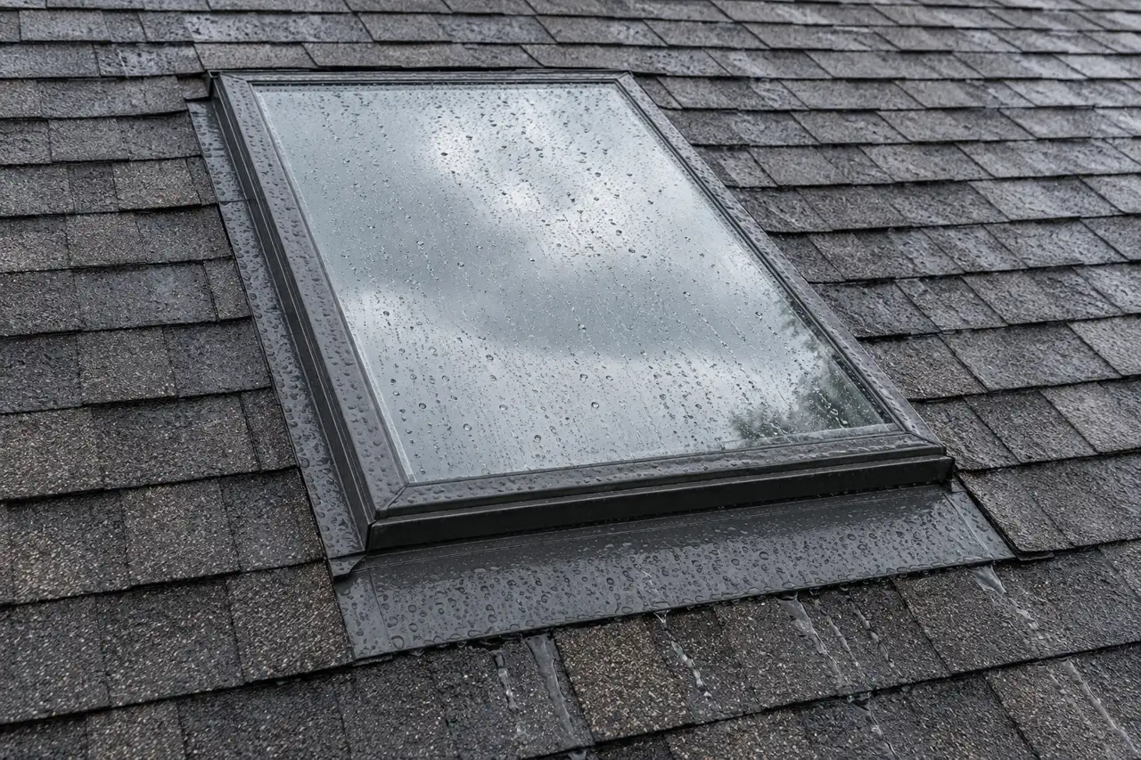 Rain running down a shingle roof