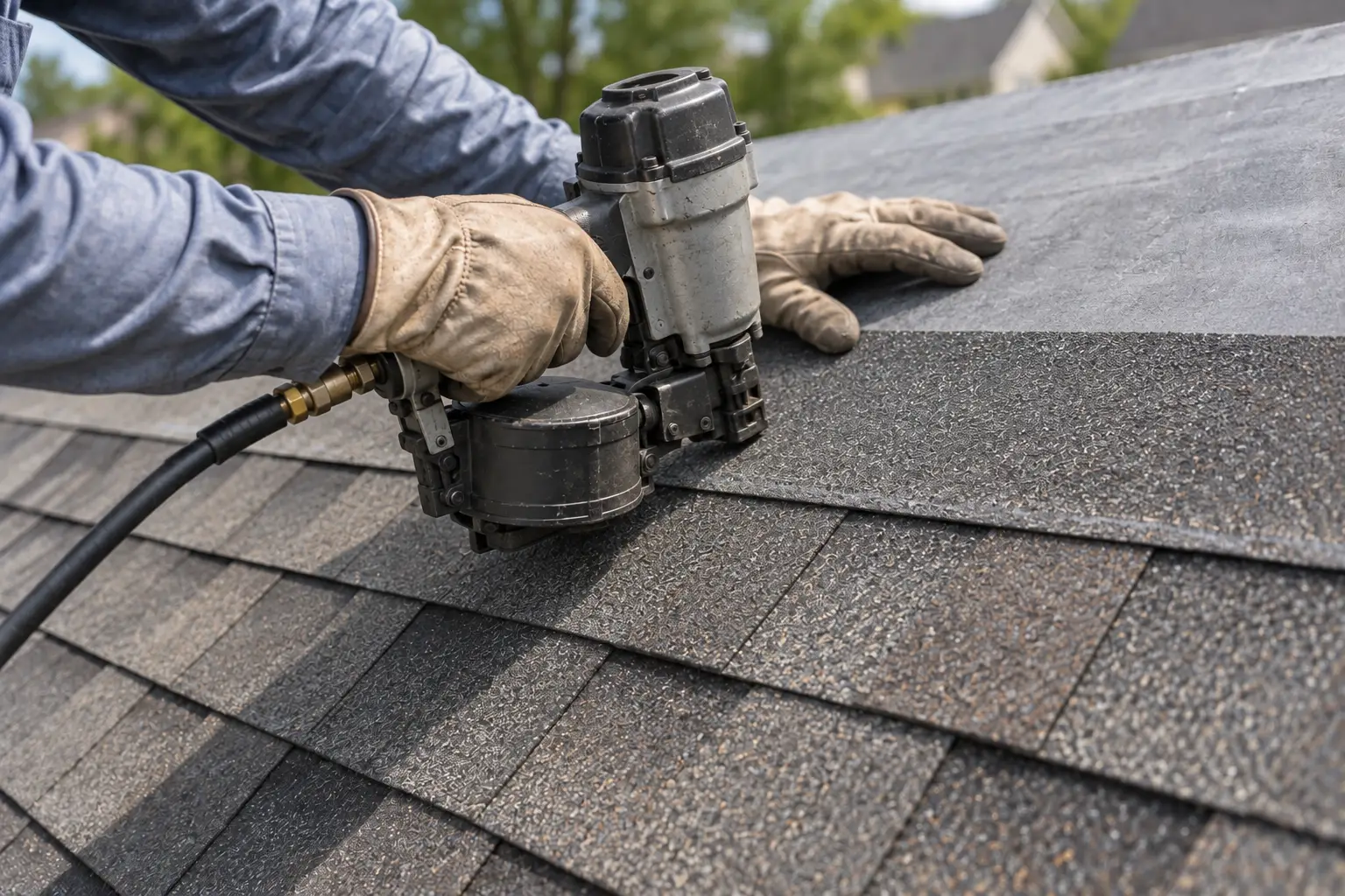 A roofer nailing new dimensional shingles